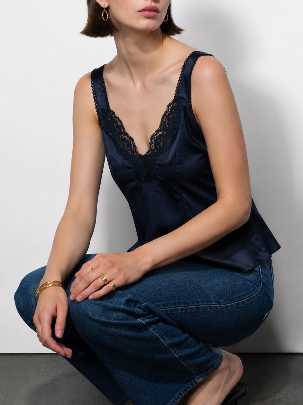 Vintage Vassarette Navy Satin Lace Trim Camisole Lingerie Tank Size 34/S